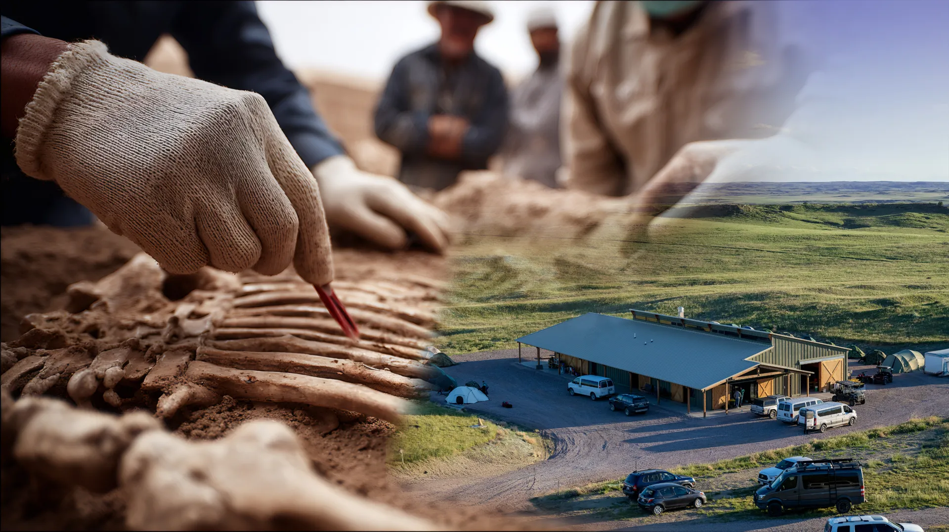 Photoshopped image of archeologist brushing bones overlayed on a field with a building