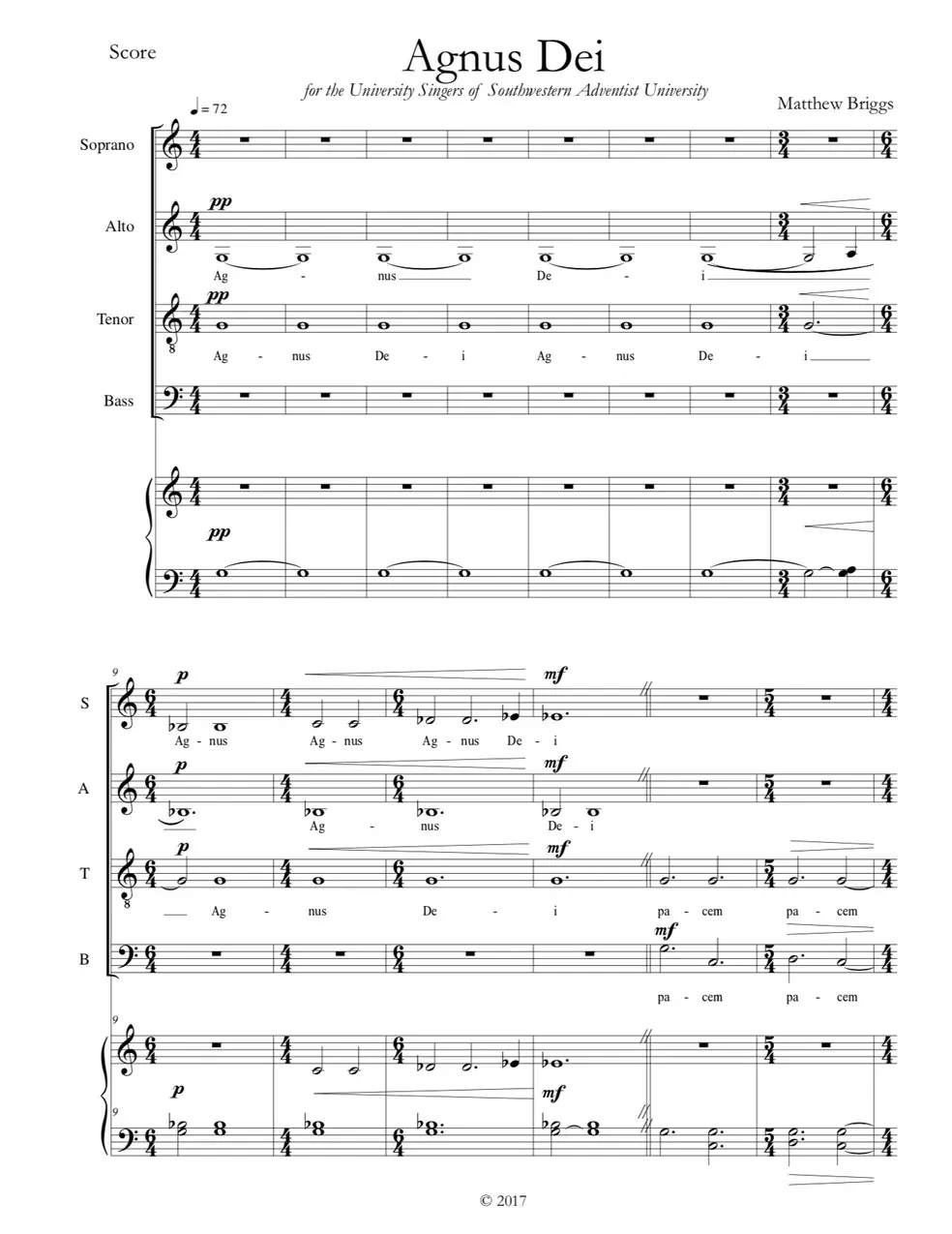 SATB Score fragment from Agnus Dei by Briggs