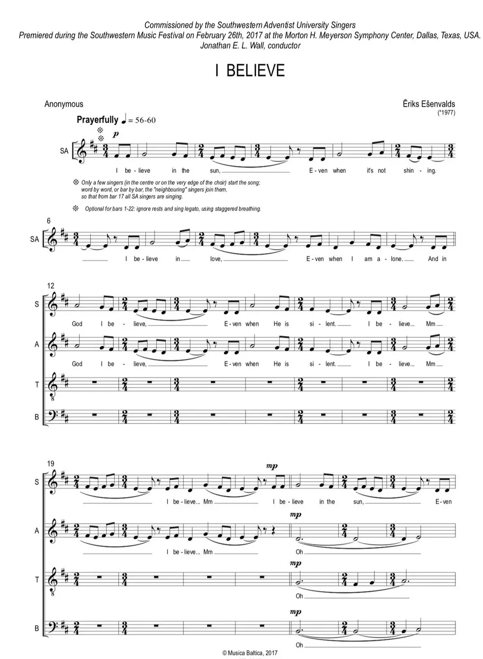 SATB Score fragment from I Believe