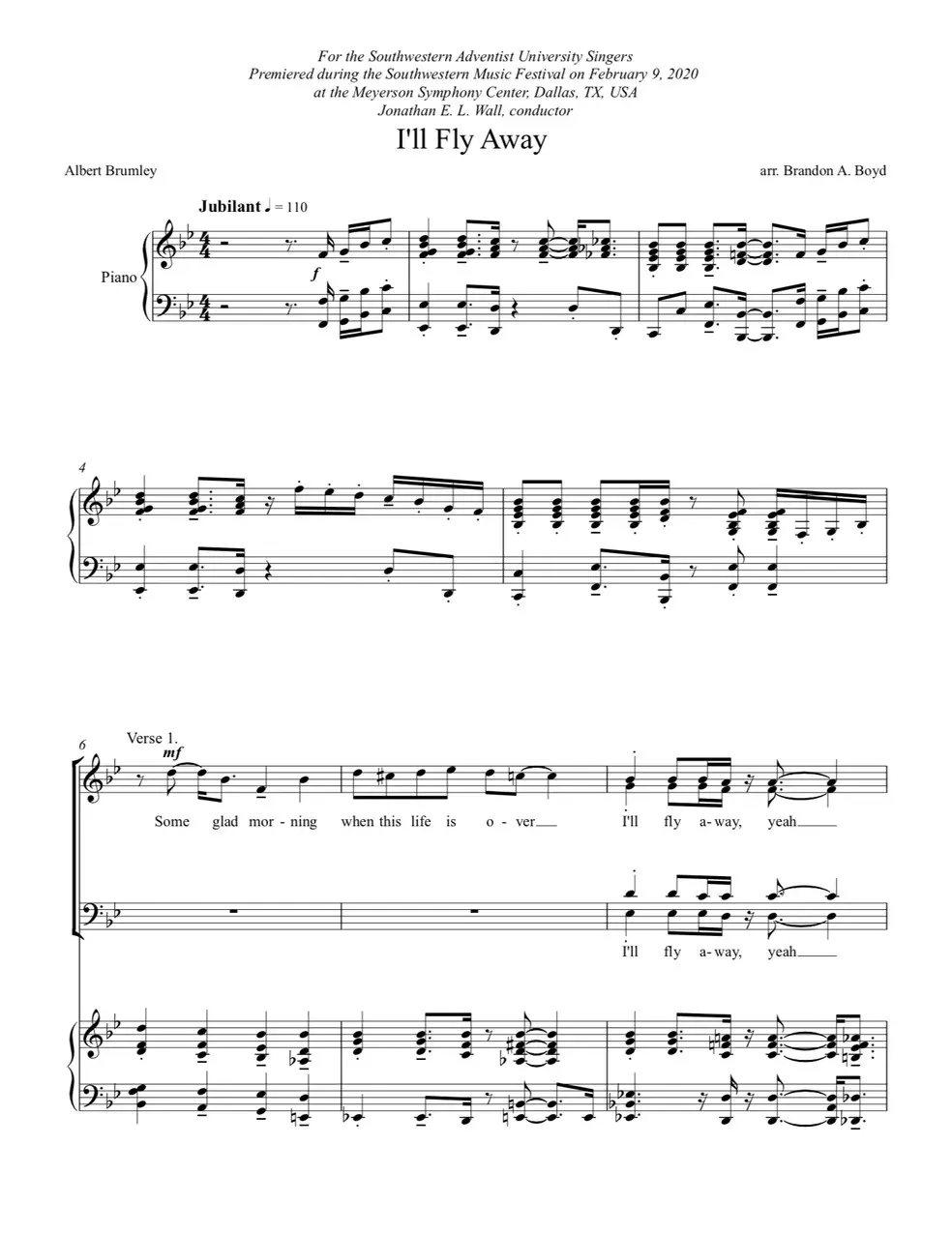 Partial SATB score for I'll Fly Away