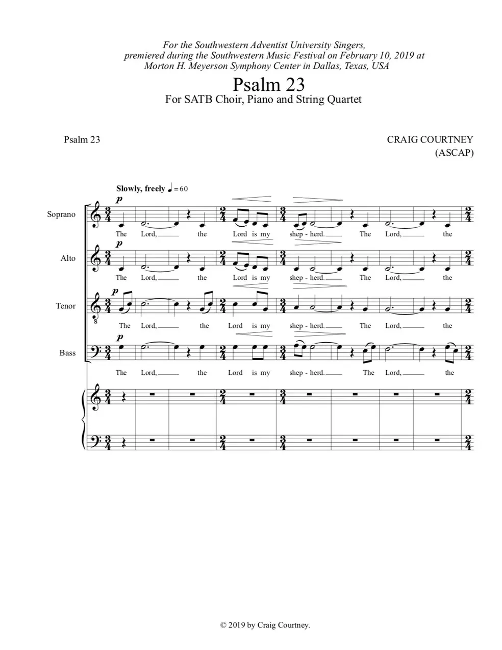 SATB Score fragment from Psalm 23 by Craig Courtney