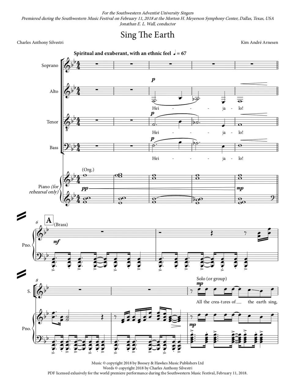 SATB Score fragment from Sing the Earth