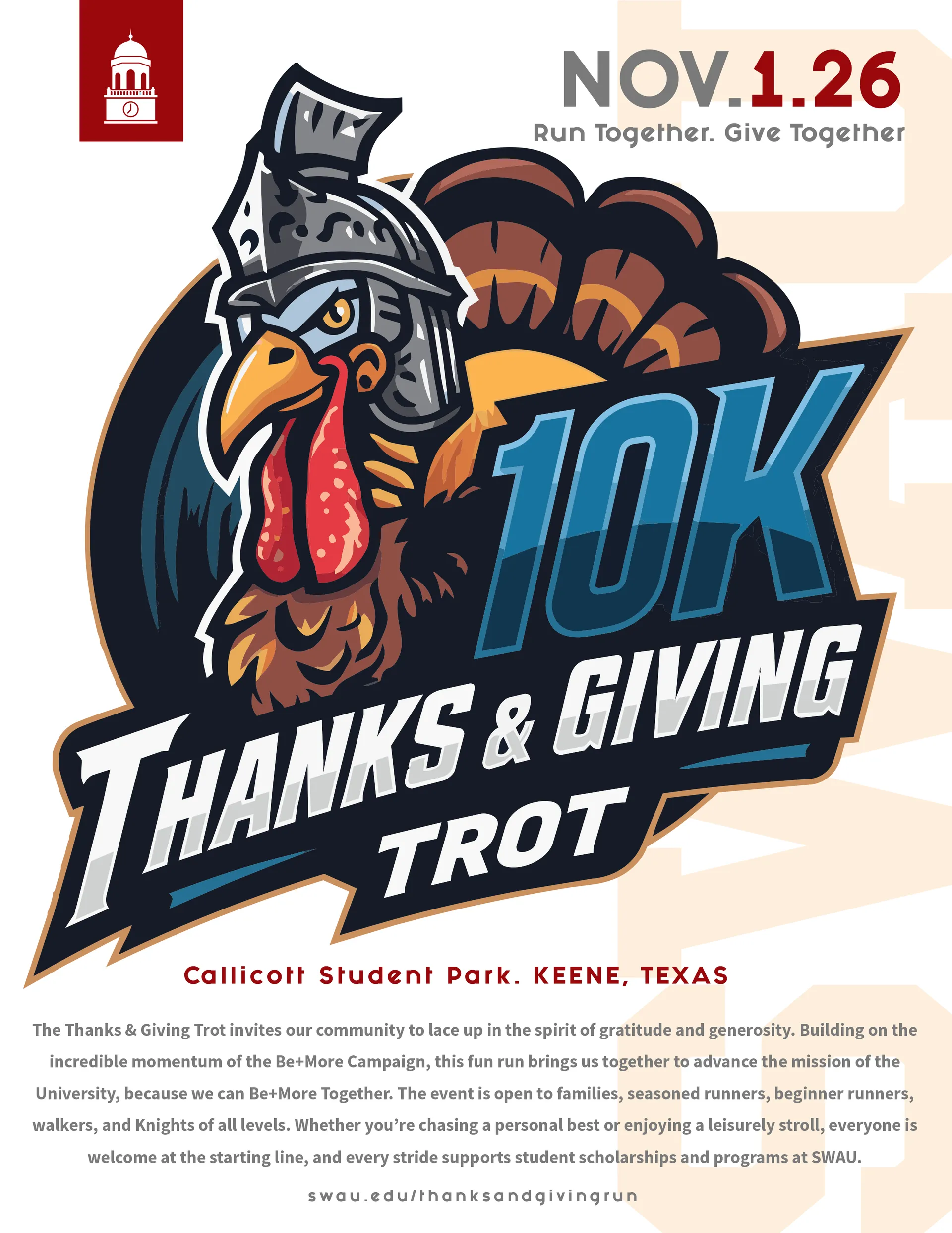 10K Thanks & Giving Trot, Callicott Student Park. Keene, Texas.