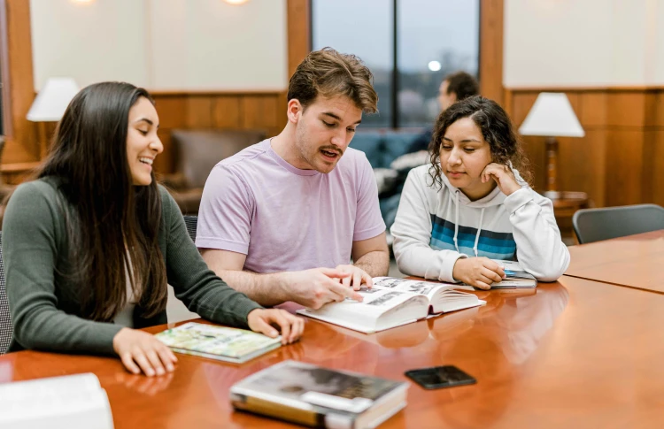 Students studying at library table