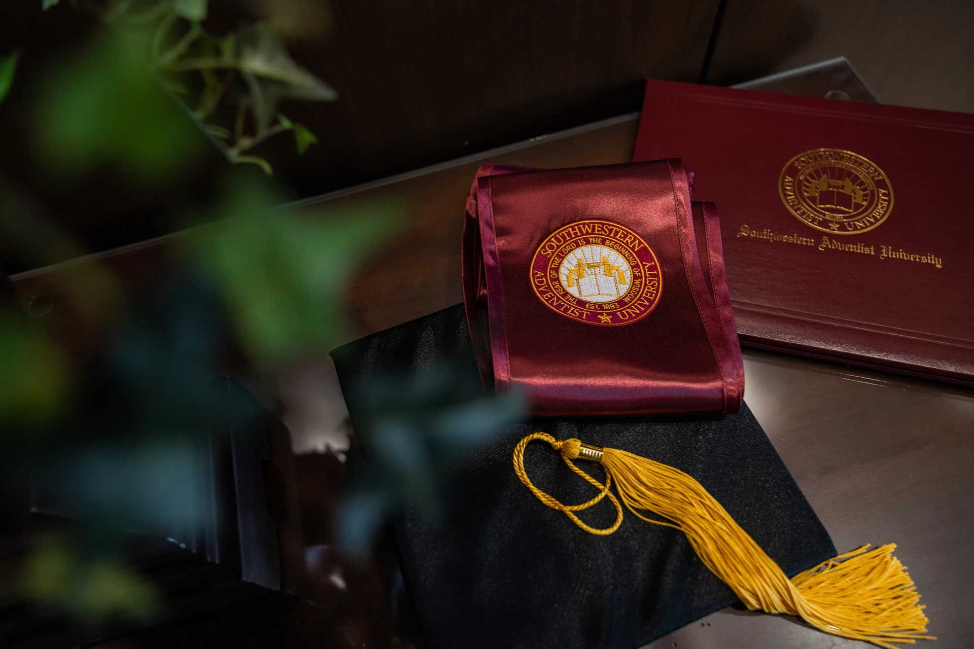 SWAU graduation sash and diploma