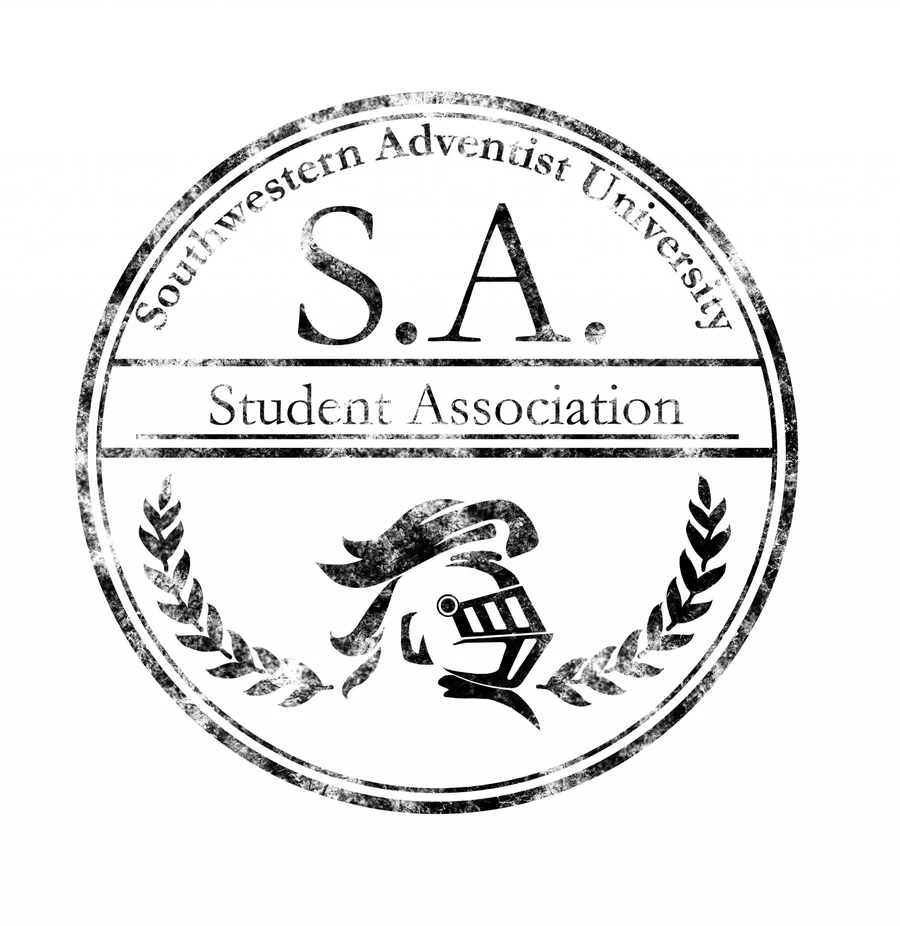 A circular logo that for student association which depicts two olive branches on either side of a knight helmet 